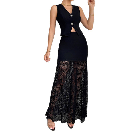 Damen nan zweiteiliges Abend-Set mit taillierter Weste und bodenlangem Spitzen-Overlay-Rock EB