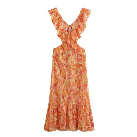 Damen Maxikleid mit weichem V-Ausschnitt und verspieltem Volant EB