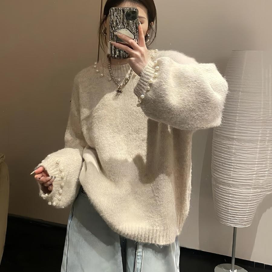 Damen Eleganter Pullover mit Perlendesign und lässigem Schnitt EB