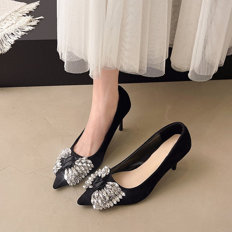 Damen elegante Pumps mit strassbesetztem Blumenmotiv EB