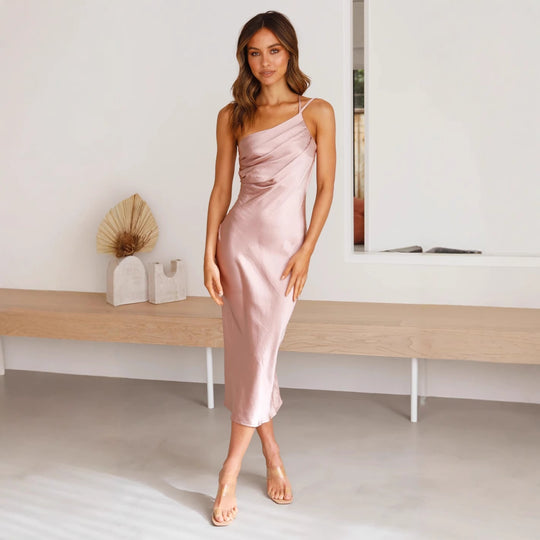 Damen Satin-Midikleid mit asymmetrischem Schnitt und elegantem Flair EB