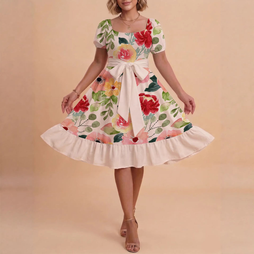 Damen A-Linien-Kleid mit floralen Motiven und taillierbarem Gürtel EB
