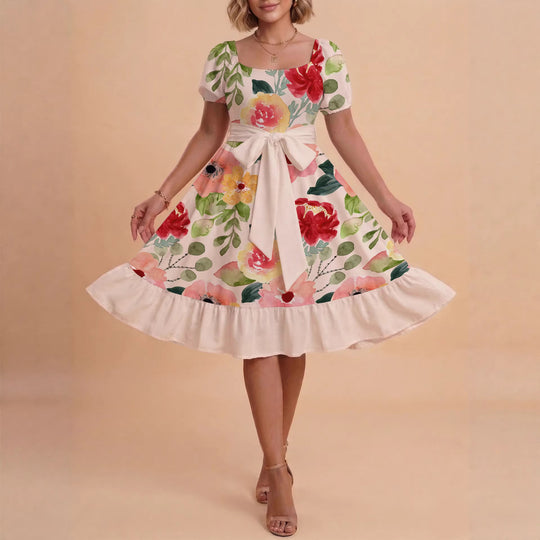Damen A-Linien-Kleid mit floralen Motiven und taillierbarem Gürtel EB