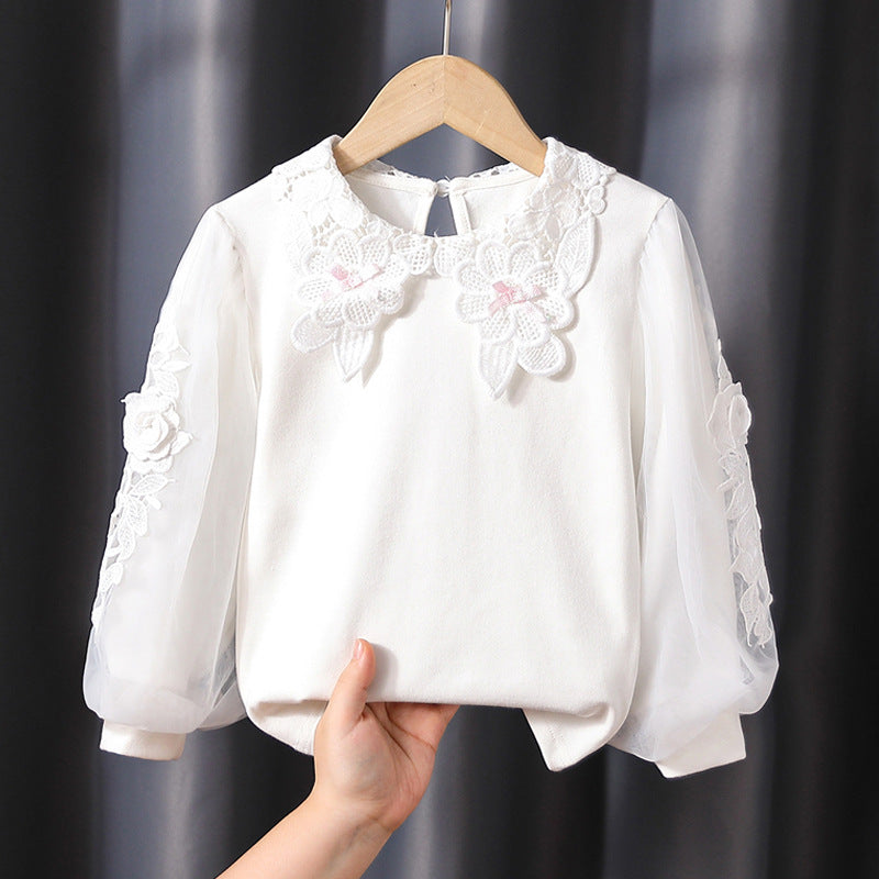 Mädchen Bluse mit floraler Stickerei und transparenten Ärmeln EB