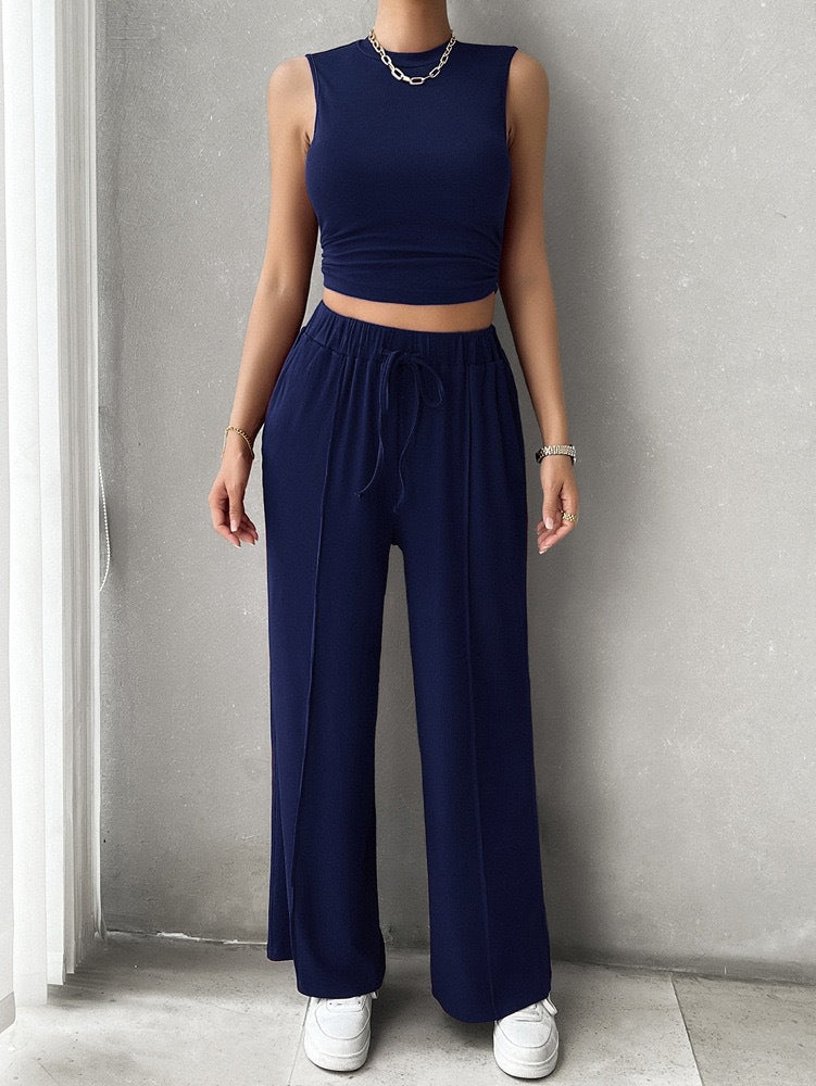 Damen Lounge-Set mit ärmellosem Oberteil und weiten Hosen EB