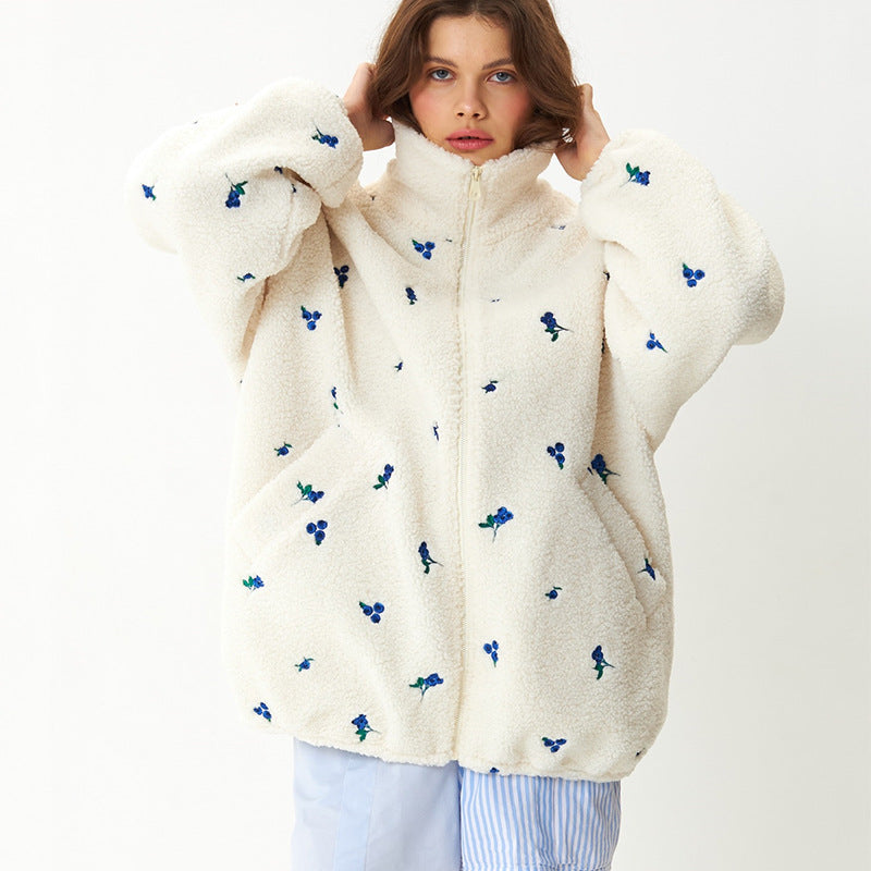 Damen kuschelige Fleecejacke mit Blumenstickerei EB