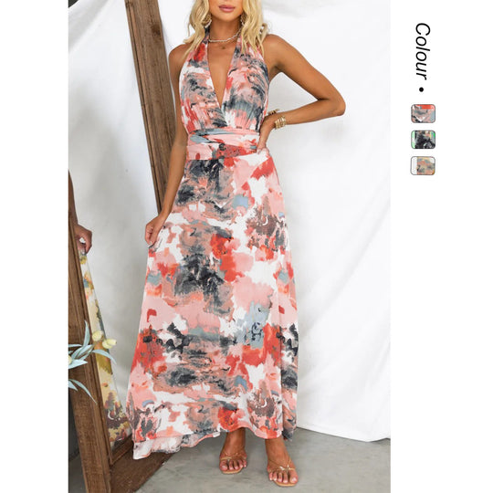 Damen Maxikleid mit tiefem V-Ausschnitt und elegantem Bindegürtel EB