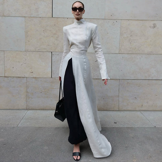 Damen elegantes Maxikleid mit hochgeschlossenem Kragen und asymmetrischem Farbdesign EB