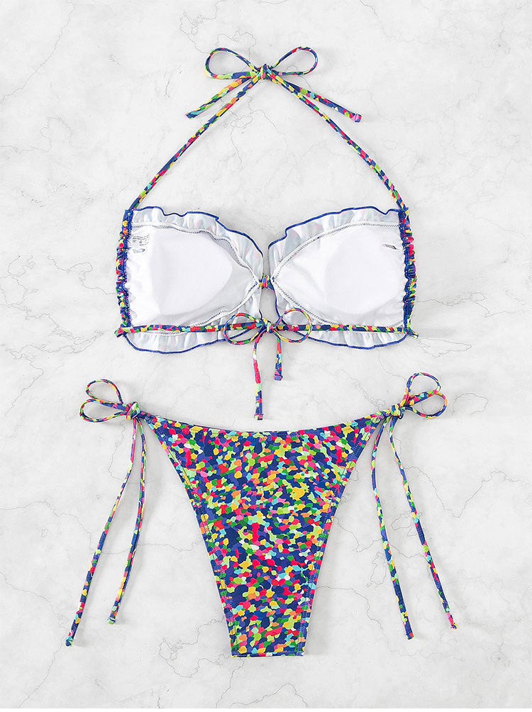 Damen Triangel-Bikini mit verstellbaren Trägern und buntem Muster EB