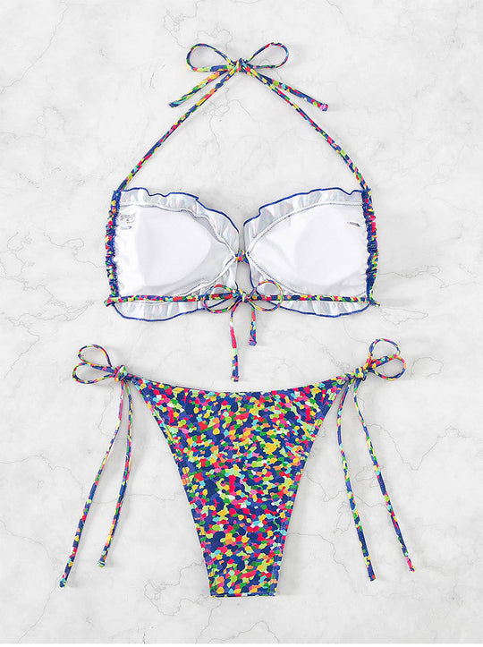 Damen Triangel-Bikini mit verstellbaren Trägern und buntem Muster EB