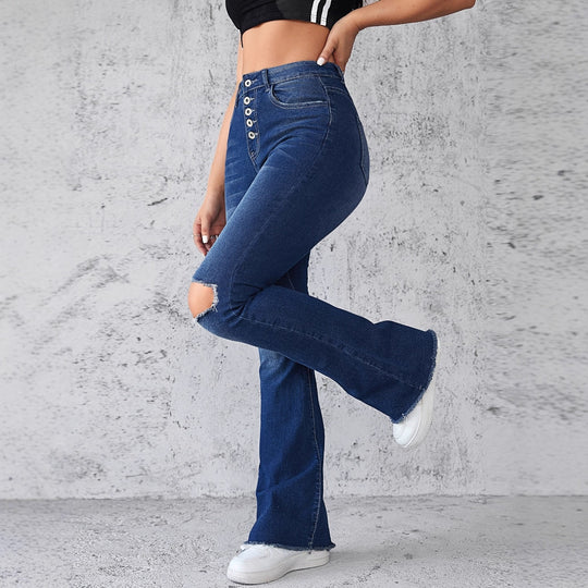 Damen Flared Jeans mit modischen Rissdetails und hohem Taillenbund EB