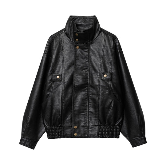 Damen Kunstlederjacke mit hohem Kragen und praktischen Taschen EB