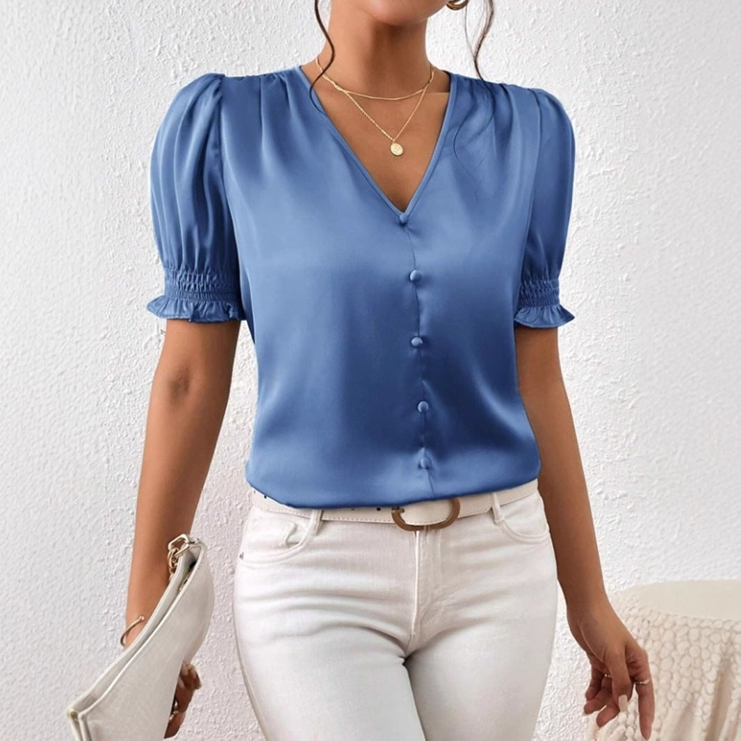 Damen Satinbluse mit Puffärmeln und eleganter Knopfleiste EB