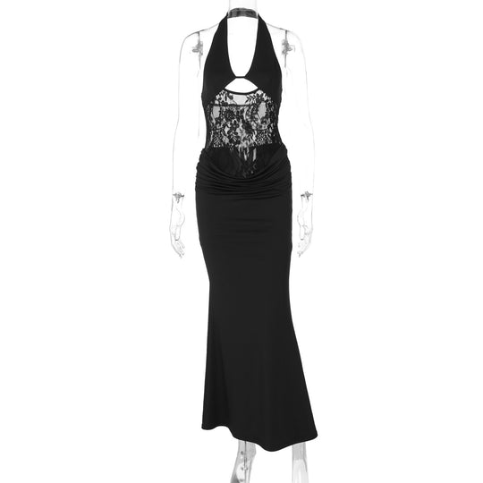 Damen Elegantes Maxikleid mit Halterneck, Spitzenverzierung und figurbetontem Schnitt EB