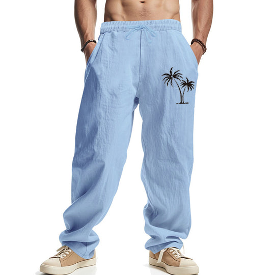 Herren Leichte Leinenoptik-Freizeithose mit elastischem Bund, Kordelzug & Palmen‑Stickerei EB