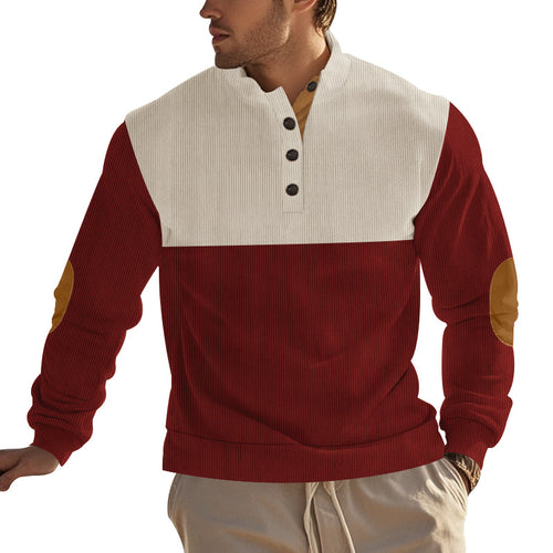 Herren nan strukturiertes Henley-Sweatshirt mit Stehkragen, Knopfleiste und Leder-Ellenbogenpatches EB