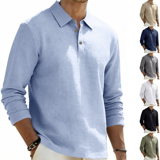 Herren nan Langarm-Poloshirt aus Leinen mit Henley-Knopfleiste und Kentkragen EB