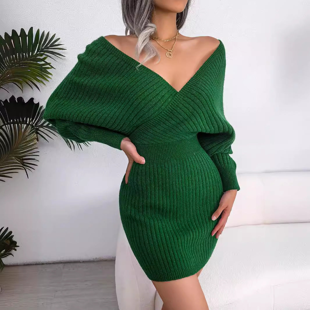 Damen gestricktes Minikleid mit V-Ausschnitt EB