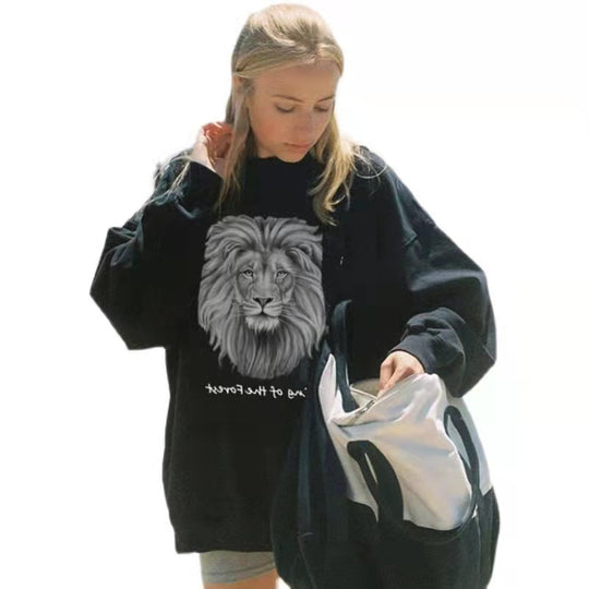 Damen nan oversized Sweatshirt mit fotorealistischem Löwenprint, Relaxed‑Fit und geripptem Rundhalsausschnitt EB
