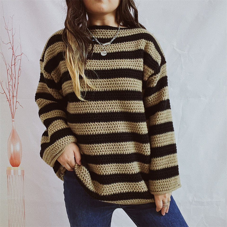 Damen lässiger Strickpullover mit kontrastierenden Streifen und weitem Schnitt EB