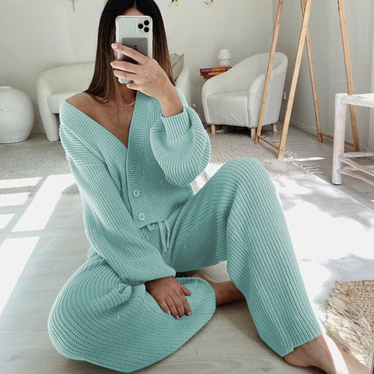 Damen Angesagtes Strick-Loungewear-Set mit modischen Knöpfen und Kordelzug EB