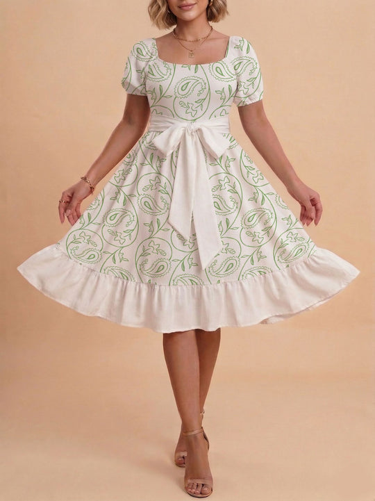 Damen Retro Maxikleid mit Puffärmeln und Taillengürtel EB