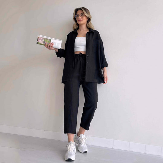Damen lässiges Zweiteiliges Set aus übergroßem Hemd und bequemen Hosen EB