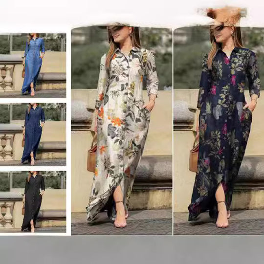 Damen Maxikleid Hemdblusenkleid mit Knopfleiste und Seitentaschen EB