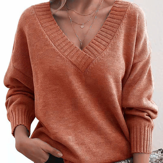 Damen nan Oversized V-Ausschnitt Strickpullover mit gerippten Bündchen EB