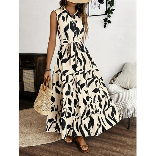 Damen Maxikleid mit geschichtetem Rock und elegantem Taillengürtel EB