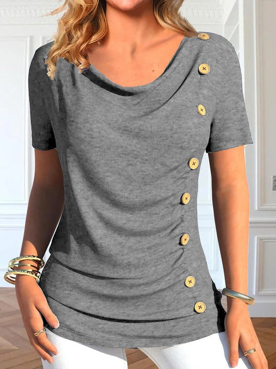 Damen Elegantes Rundhals-Oberteil mit Knopfdetails EB