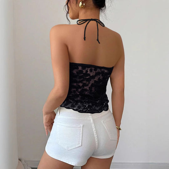 Damen Freizeit Top mit verspieltem Bindeband und Spitze EB