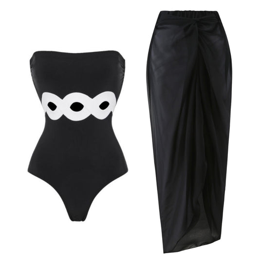 Damen Bandeau-Badeanzug mit elegantem Wickelrock EB