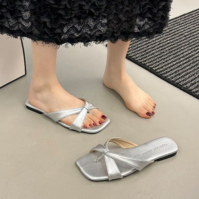 Damen bequeme Zehentrenner-Sandaletten mit modernem Knoten-Design EB
