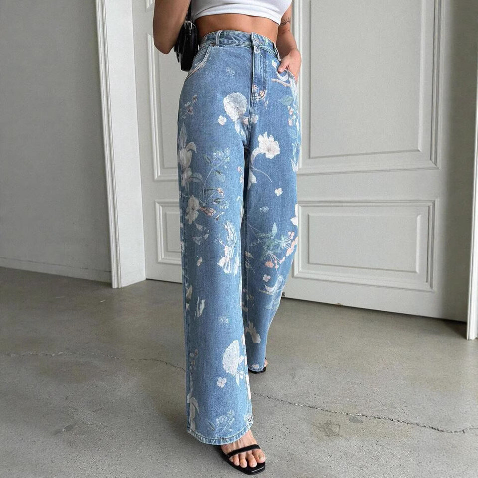 Damen Weite Denim-Hose mit floralem Muster und hohem Bund EB