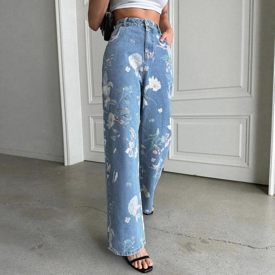 Damen Weite Denim-Hose mit floralem Muster und hohem Bund EB