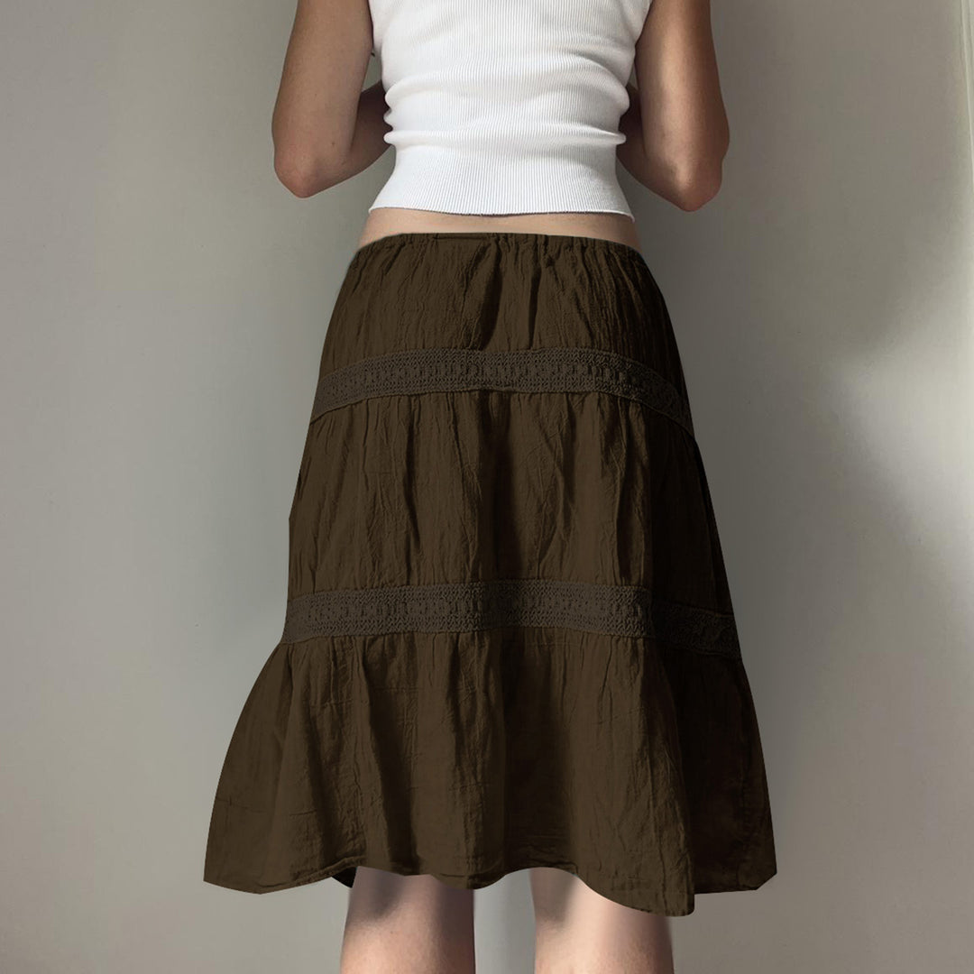 Damen nan gestufter Boho-Midirock mit elastischem Kordelbund und Häkelband-Details EB