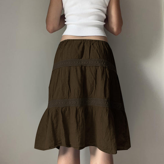 Damen nan gestufter Boho-Midirock mit elastischem Kordelbund und Häkelband-Details EB