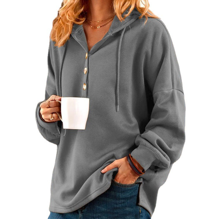 Damen Kapuzenpullover mit dekorativen Knöpfen und lässigem Schnitt EB