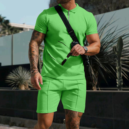 Herren nan sportives Poloshirt- und Chino-Shorts-Set mit halbem Reißverschluss, strukturiertem Jersey und dezenter Bügelfalte EB