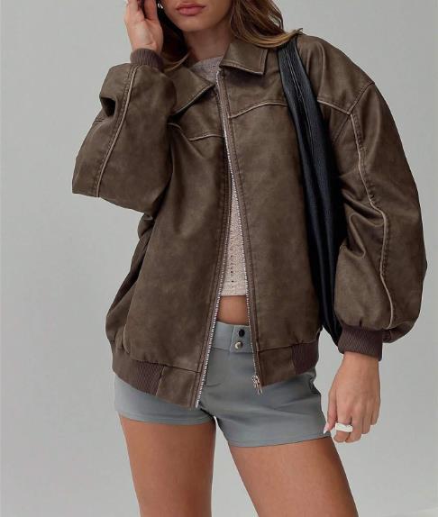 Damen Kunstleder Jacke im modernen Oversized-Stil EB