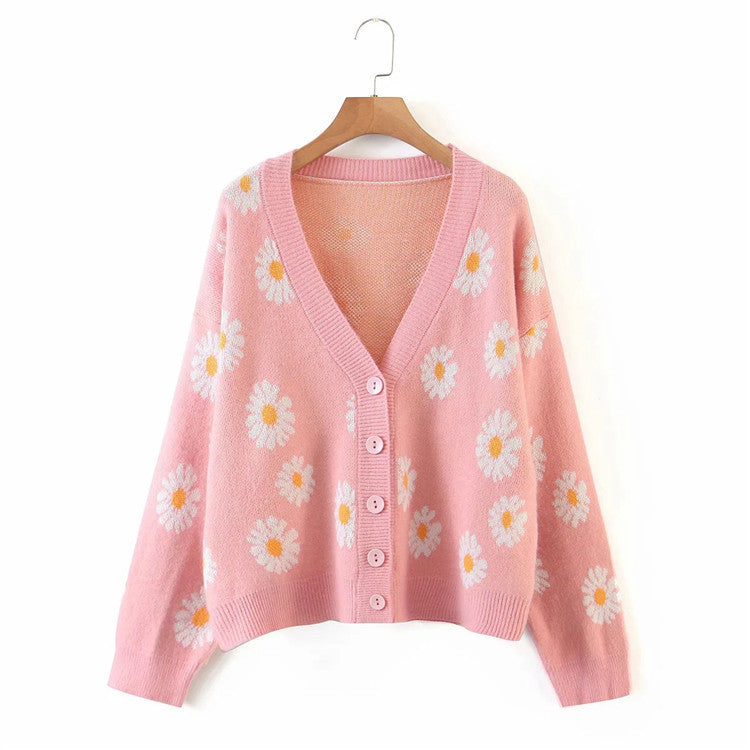 Damen Strickjacke mit Blumenmuster und V-Ausschnitt EB