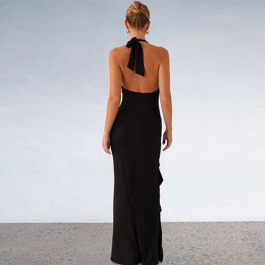 Damen elegantes Maxikleid mit tiefem V-Ausschnitt und seitlichem Schlitz EB