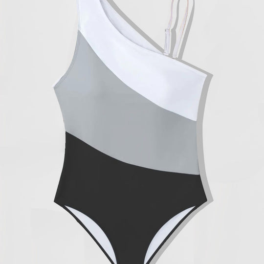 Damen Einseitiger Badeanzug mit modernem Farbblock-Design EB