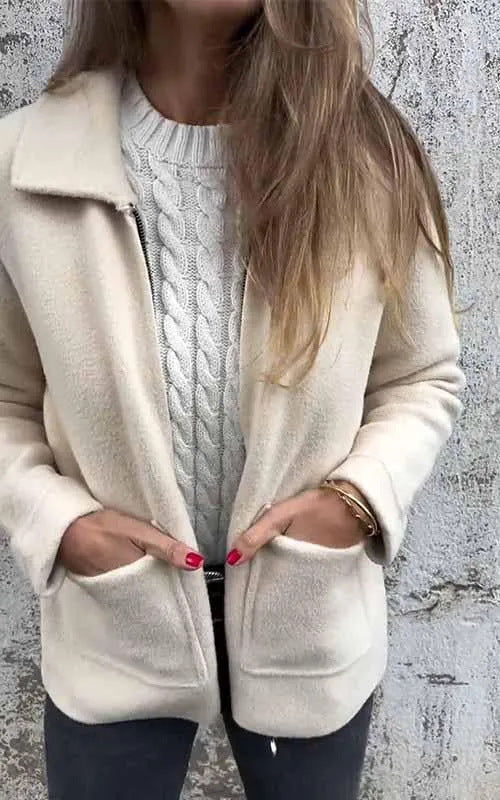 Damen modische Fleecejacke mit praktischen Taschen und elegantem Kragen EB