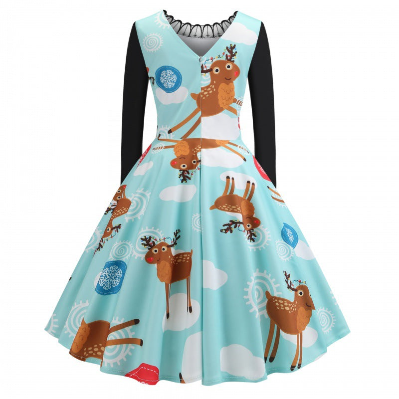Damen Festliches Retro Swing Kleid mit Langarm A Linien Schnitt und Rentier-Print EB