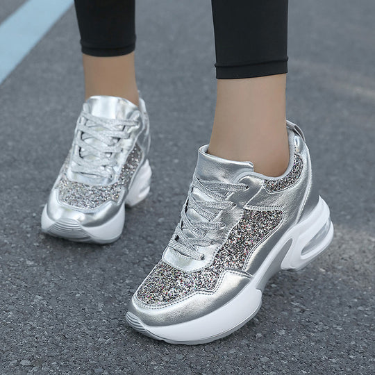 Damen nan modische Plateau-Sneaker mit Glitzerbesatz und sichtbarem Luftpolster EB