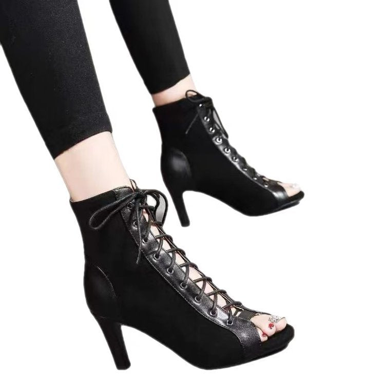 Damen Offene Zehen-Stiefeletten mit elegantem Schnürdesign und hohem Absatz EB