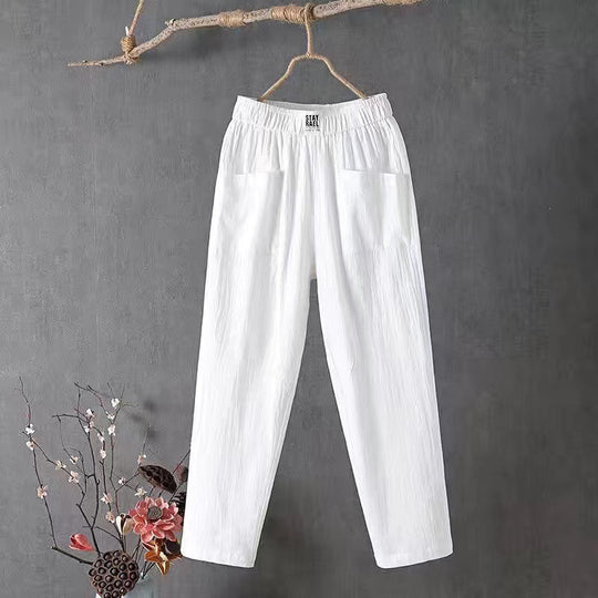 Damen nan lässige Leinenmix-Hose mit elastischem Bund, geradem Bein und großen aufgesetzten Taschen EB