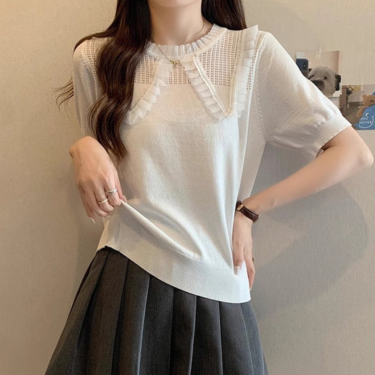 Damen Elegantes Strickoberteil mit dekorativem Rüschensaum und atmungsaktivem Design EB